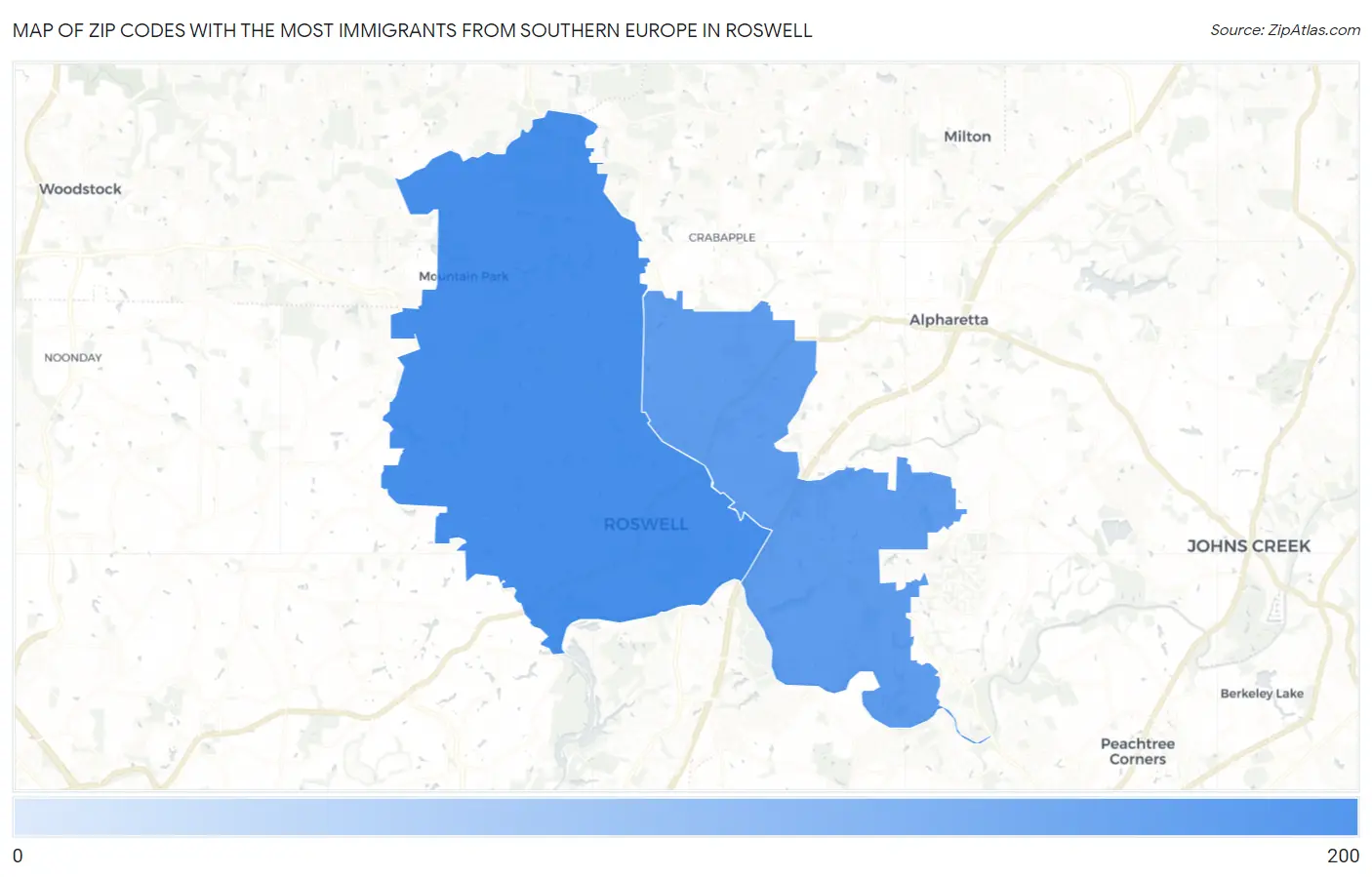 Zip Codes with the Most Immigrants from Southern Europe in Roswell Map