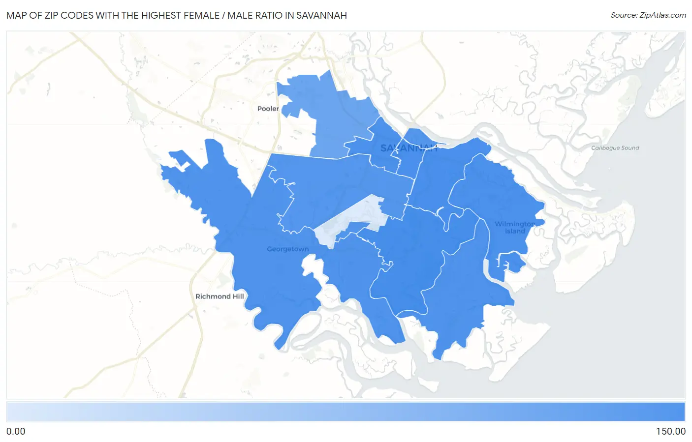 Zip Codes with the Highest Female / Male Ratio in Savannah Map