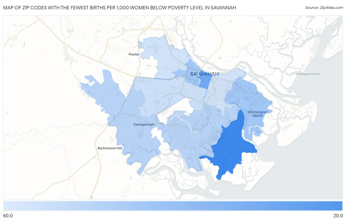 Zip Codes with the Fewest Births per 1,000 Women Below Poverty Level in Savannah Map