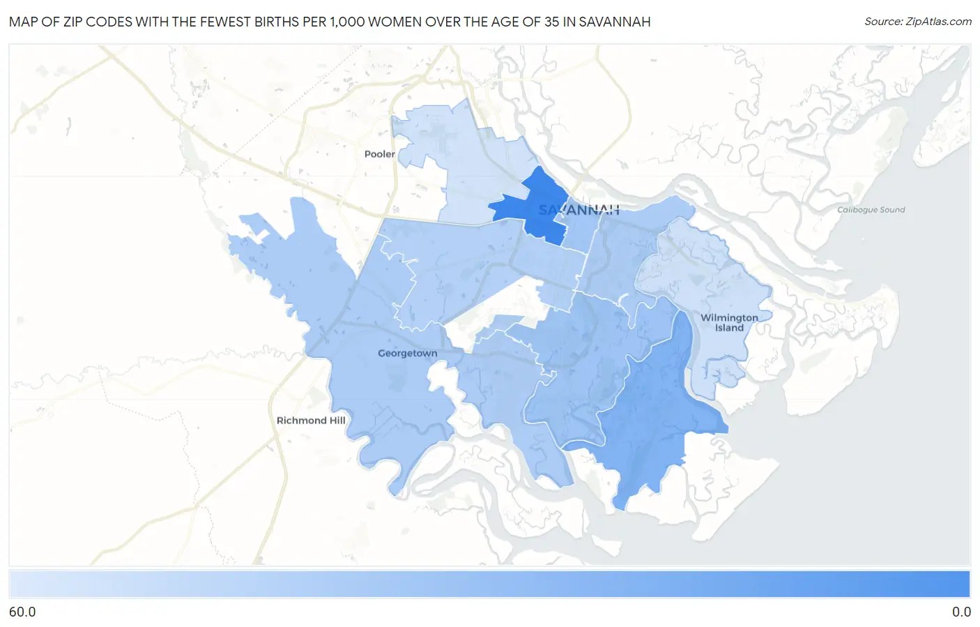 Zip Codes with the Fewest Births per 1,000 Women Over the Age of 35 in Savannah Map