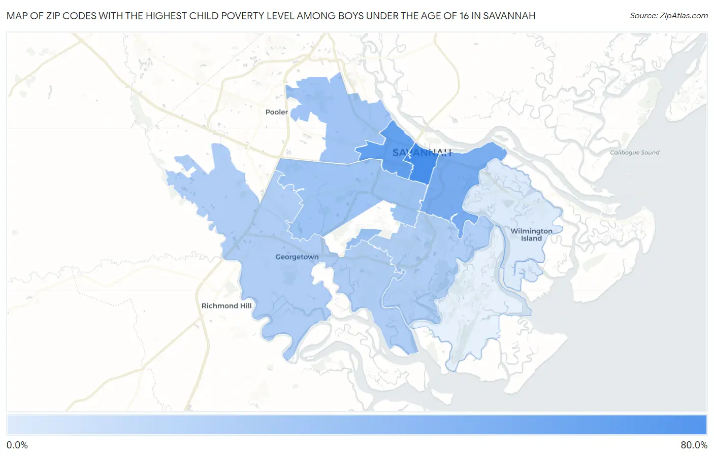 Zip Codes with the Highest Child Poverty Level Among Boys Under the Age of 16 in Savannah Map
