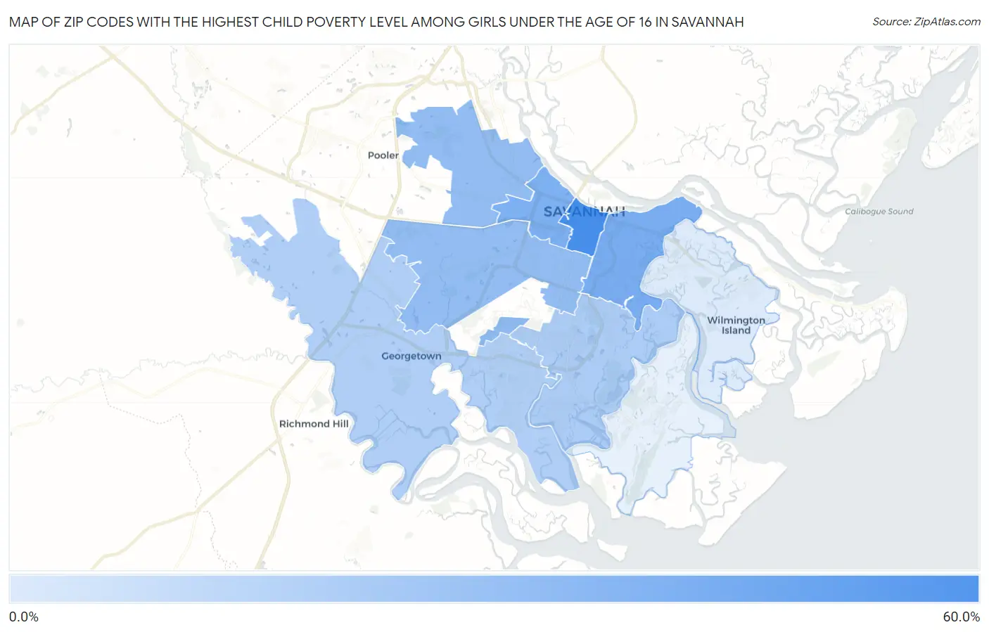 Zip Codes with the Highest Child Poverty Level Among Girls Under the Age of 16 in Savannah Map