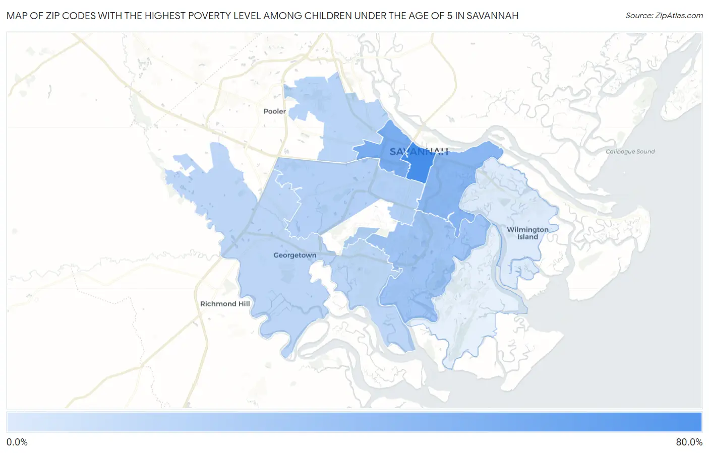 Zip Codes with the Highest Poverty Level Among Children Under the Age of 5 in Savannah Map