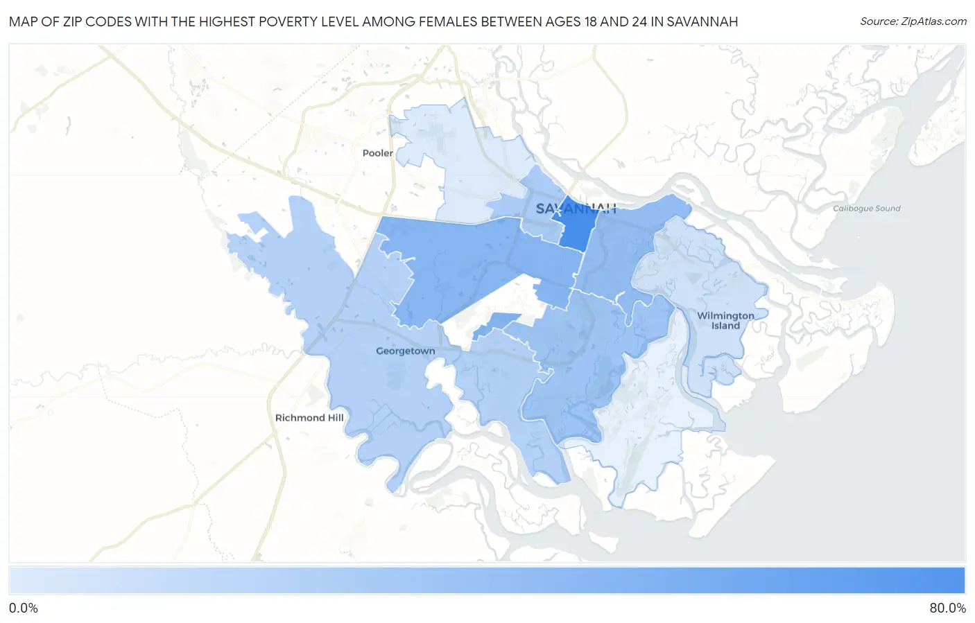 Zip Codes with the Highest Poverty Level Among Females Between Ages 18 and 24 in Savannah Map