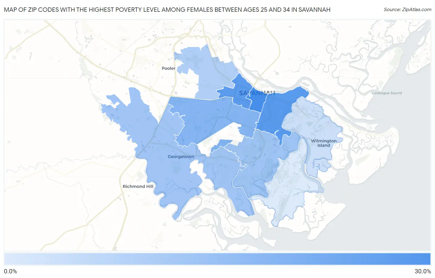 Zip Codes with the Highest Poverty Level Among Females Between Ages 25 and 34 in Savannah Map