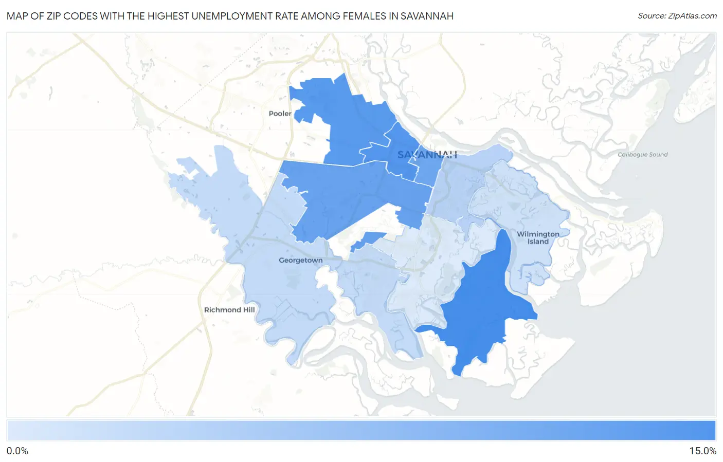 Zip Codes with the Highest Unemployment Rate Among Females in Savannah Map
