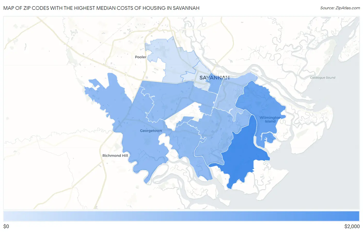 Zip Codes with the Highest Median Costs of Housing in Savannah Map