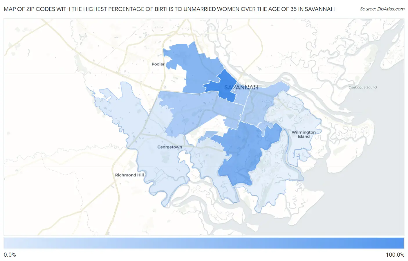 Zip Codes with the Highest Percentage of Births to Unmarried Women over the Age of 35 in Savannah Map