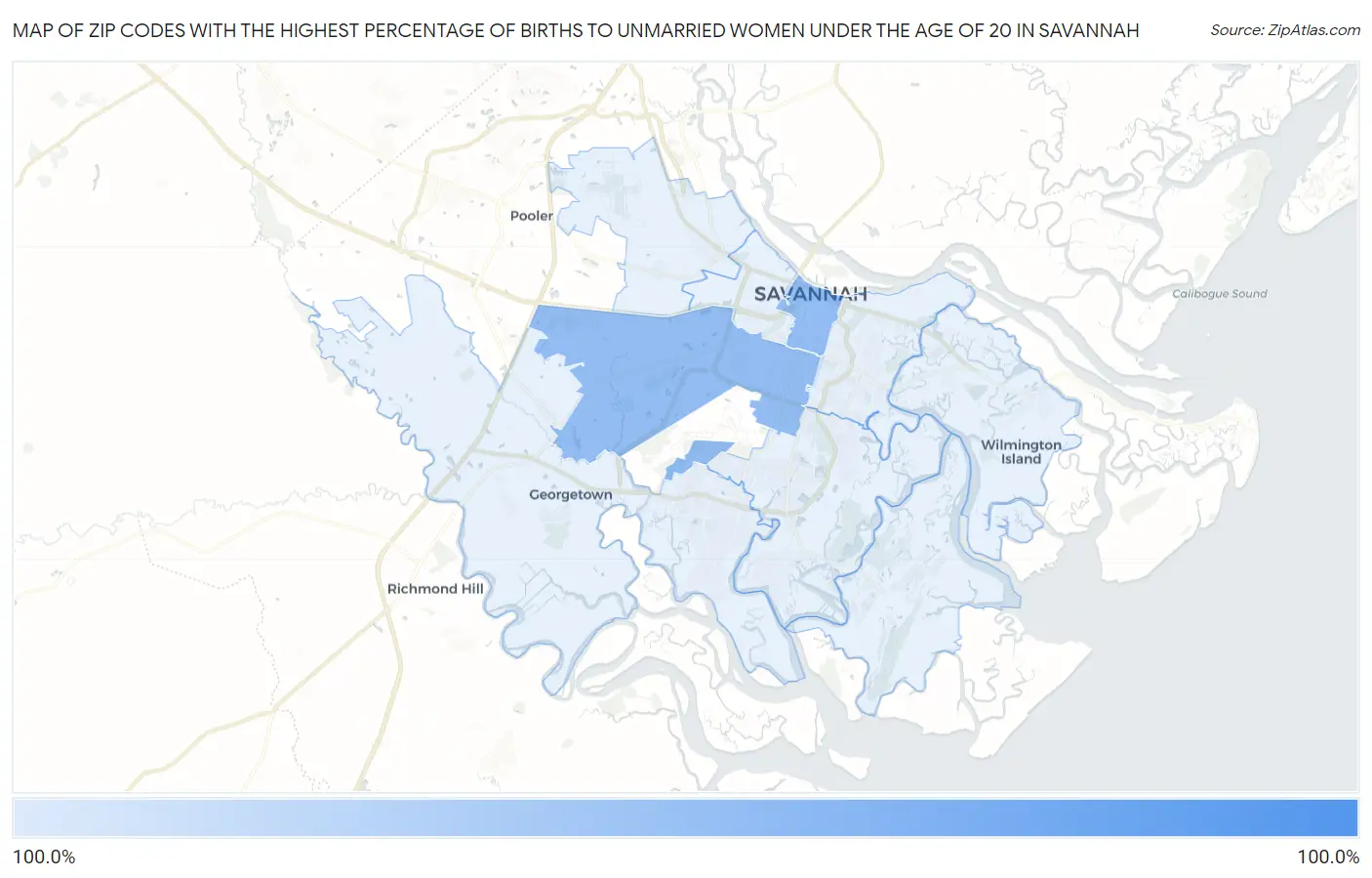 Zip Codes with the Highest Percentage of Births to Unmarried Women under the Age of 20 in Savannah Map