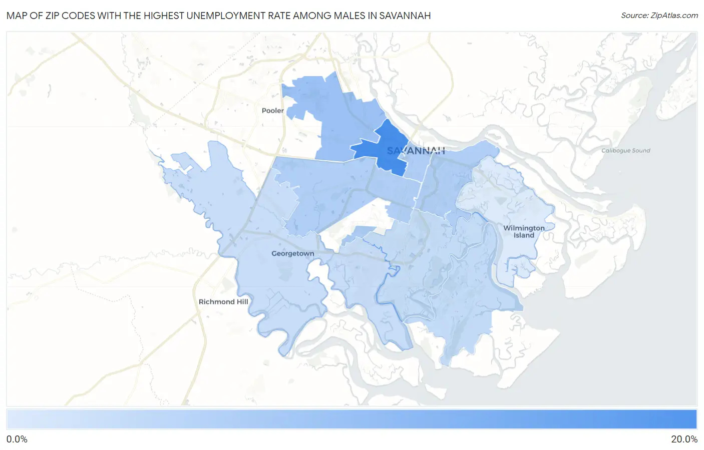 Zip Codes with the Highest Unemployment Rate Among Males in Savannah Map