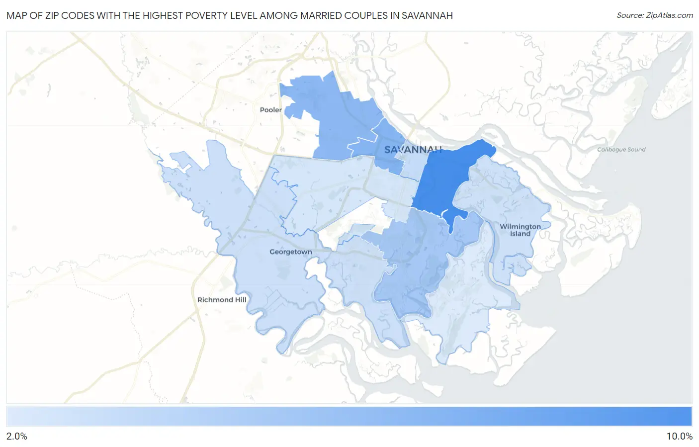 Zip Codes with the Highest Poverty Level Among Married Couples in Savannah Map