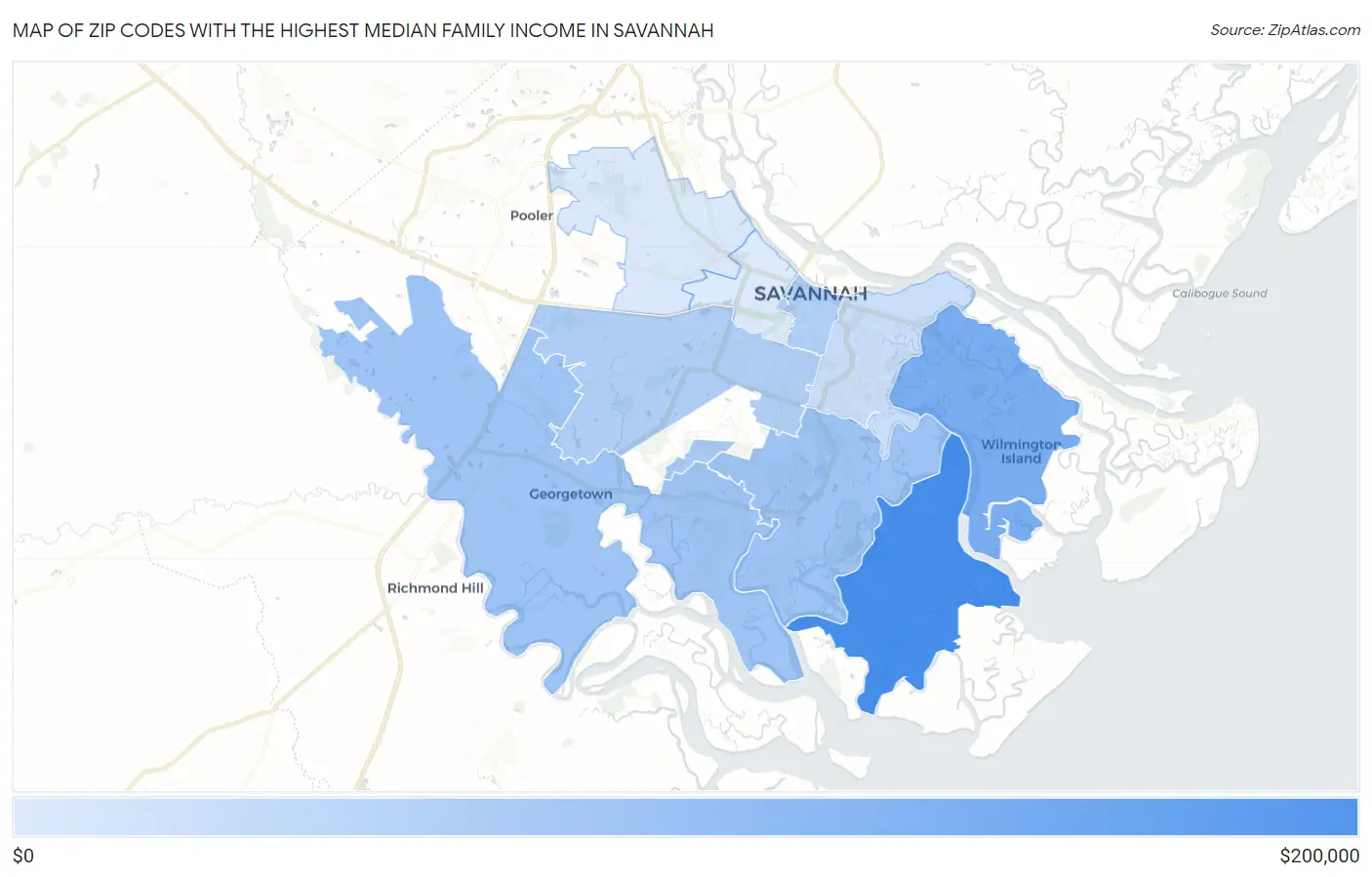 Zip Codes with the Highest Median Family Income in Savannah Map