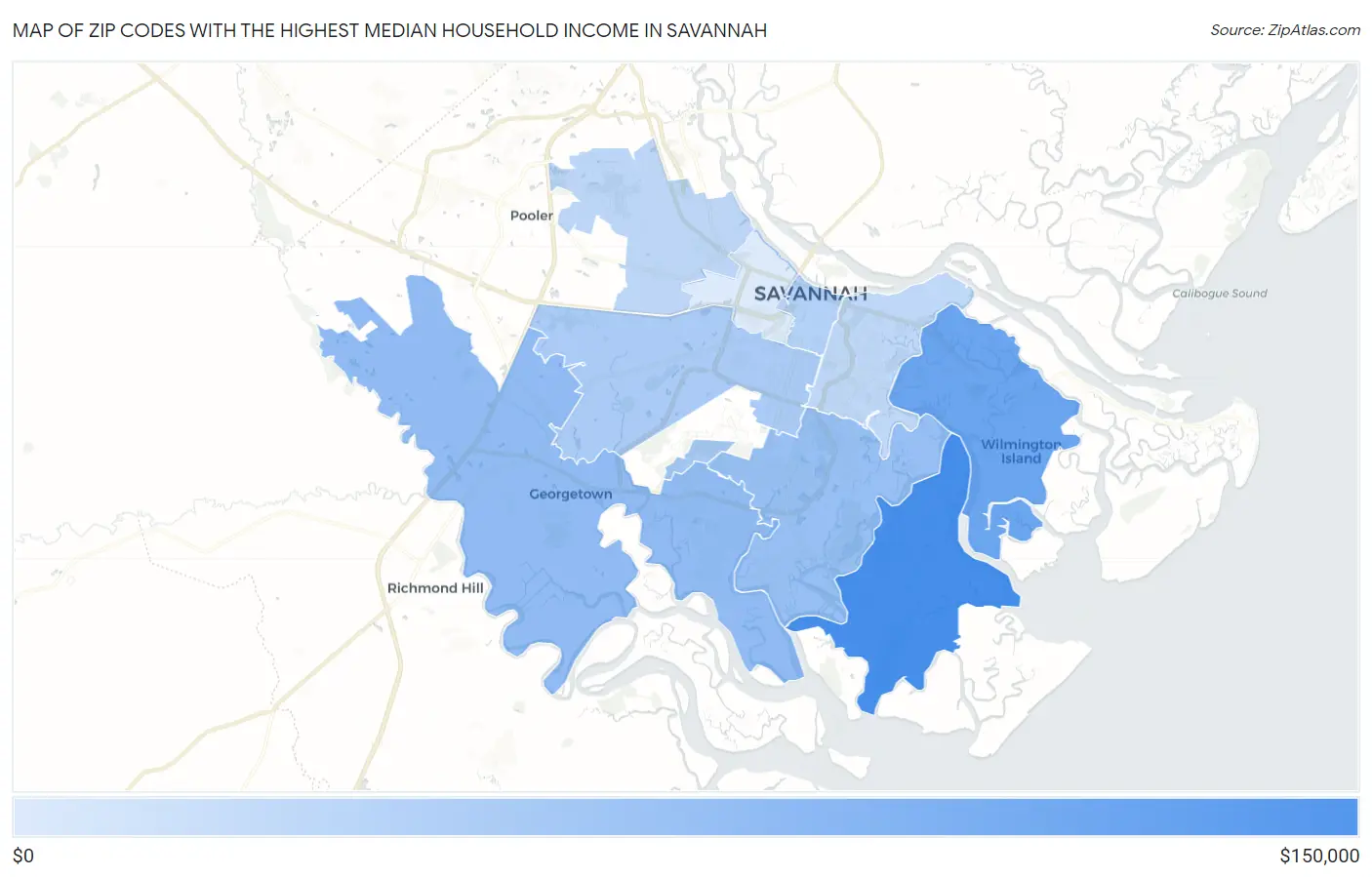 Zip Codes with the Highest Median Household Income in Savannah Map