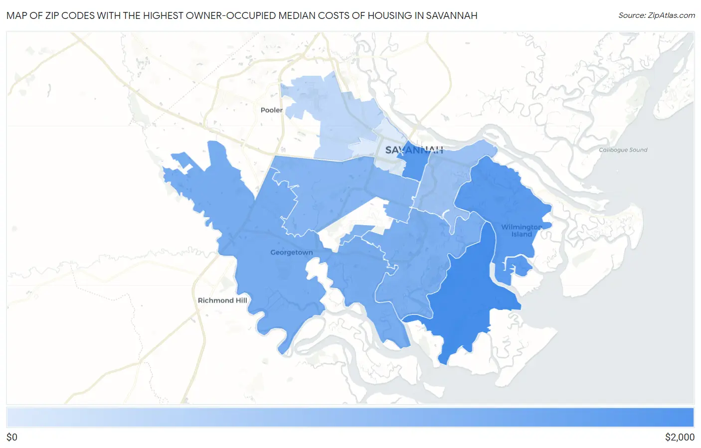 Zip Codes with the Highest Owner-Occupied Median Costs of Housing in Savannah Map