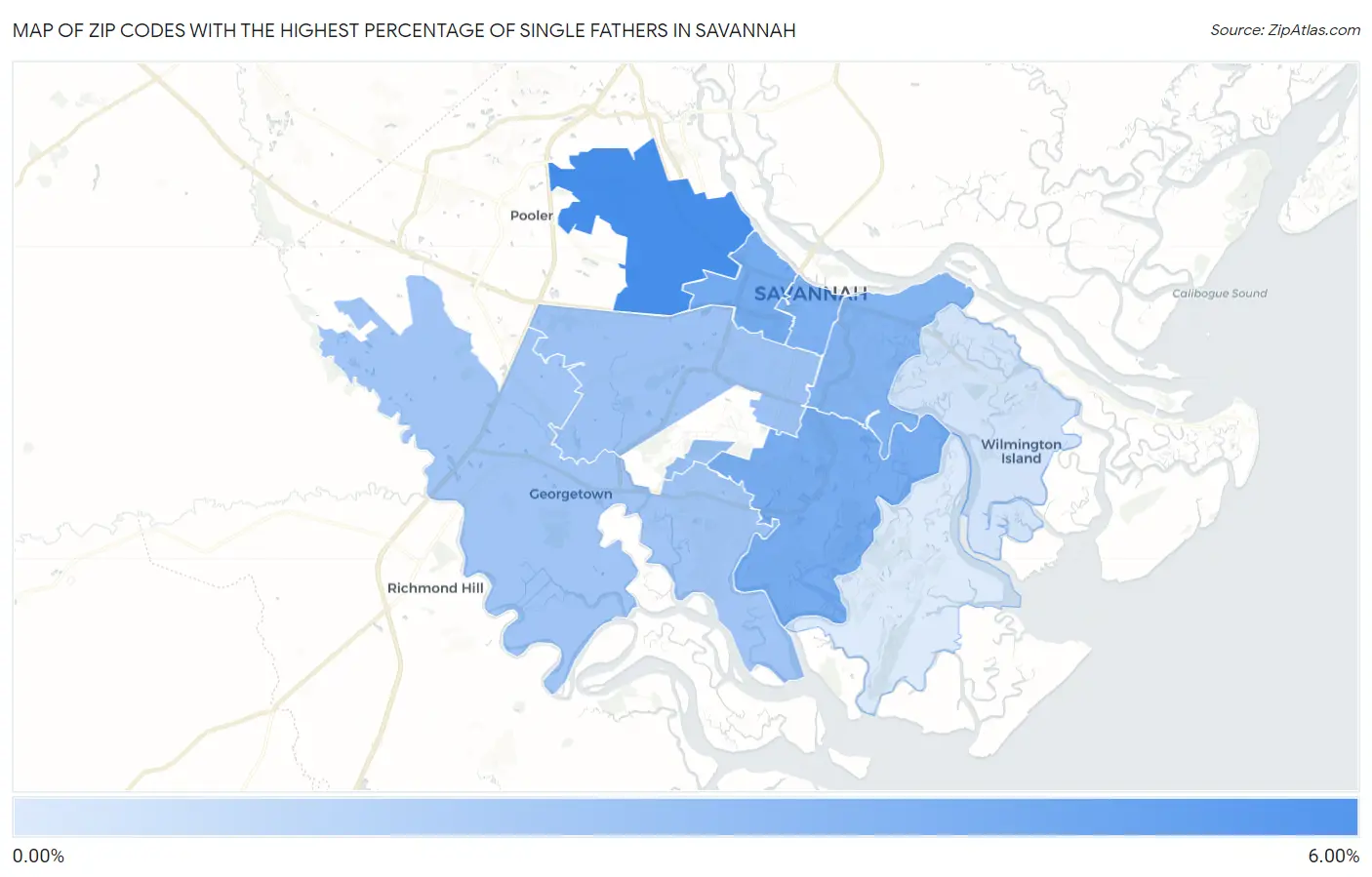 Zip Codes with the Highest Percentage of Single Fathers in Savannah Map
