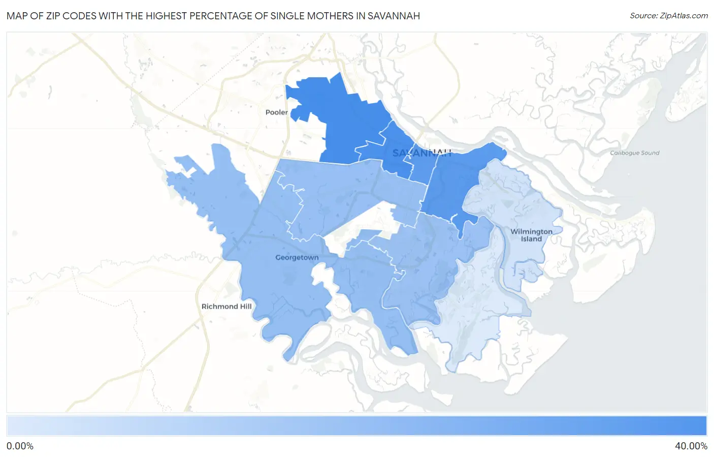 Zip Codes with the Highest Percentage of Single Mothers in Savannah Map
