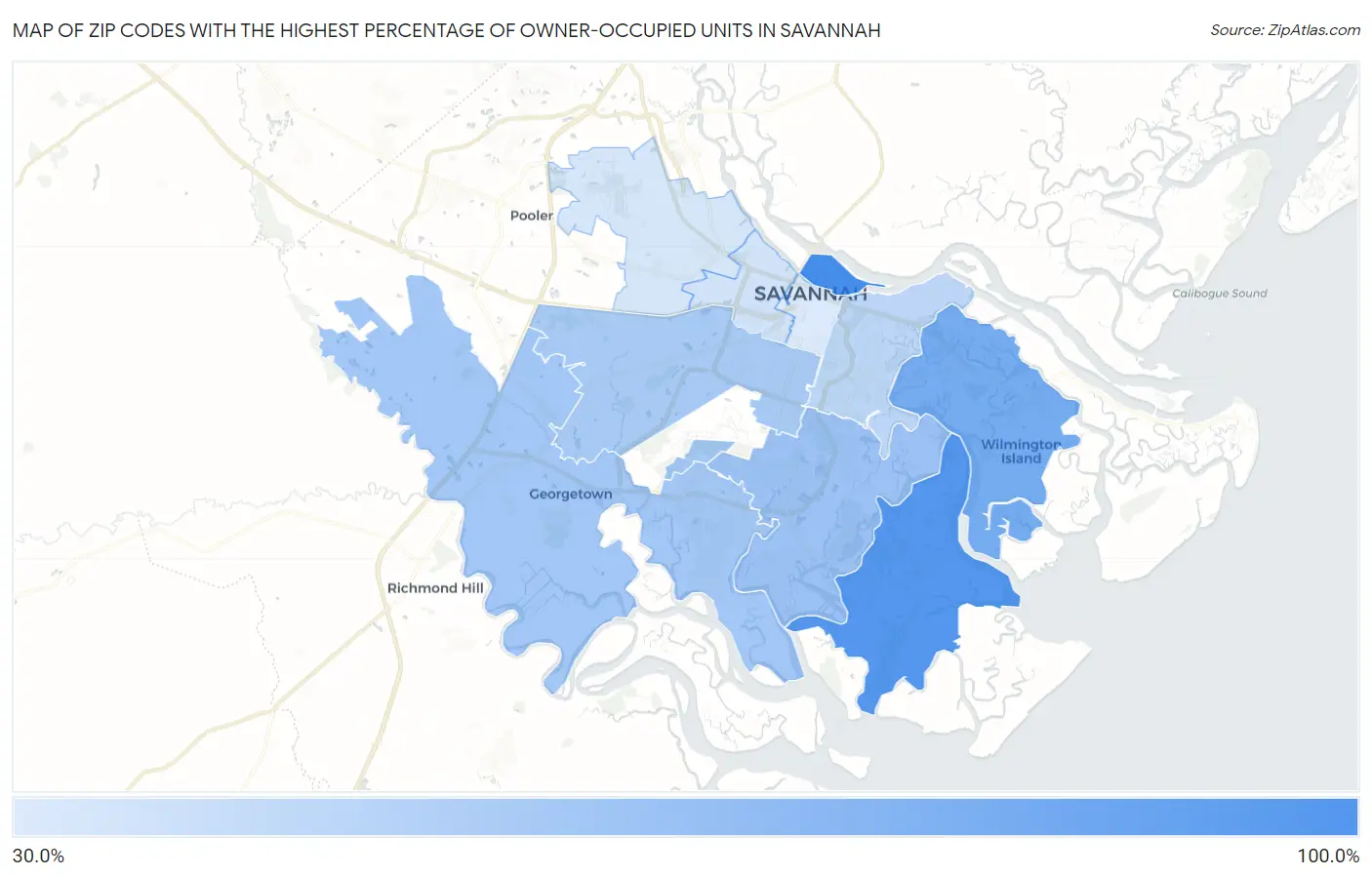 Zip Codes with the Highest Percentage of Owner-Occupied Units in Savannah Map