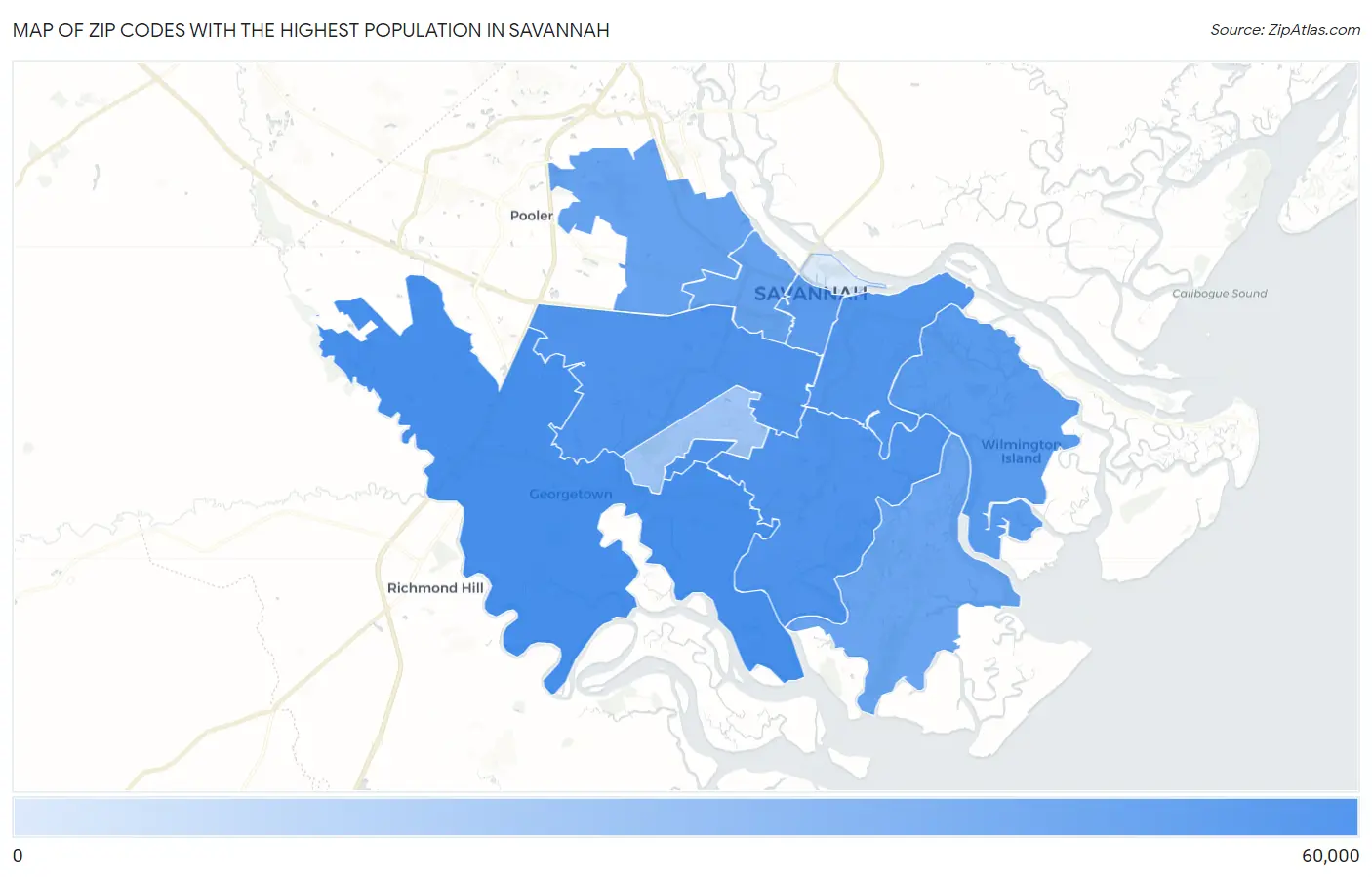 Zip Codes with the Highest Population in Savannah Map