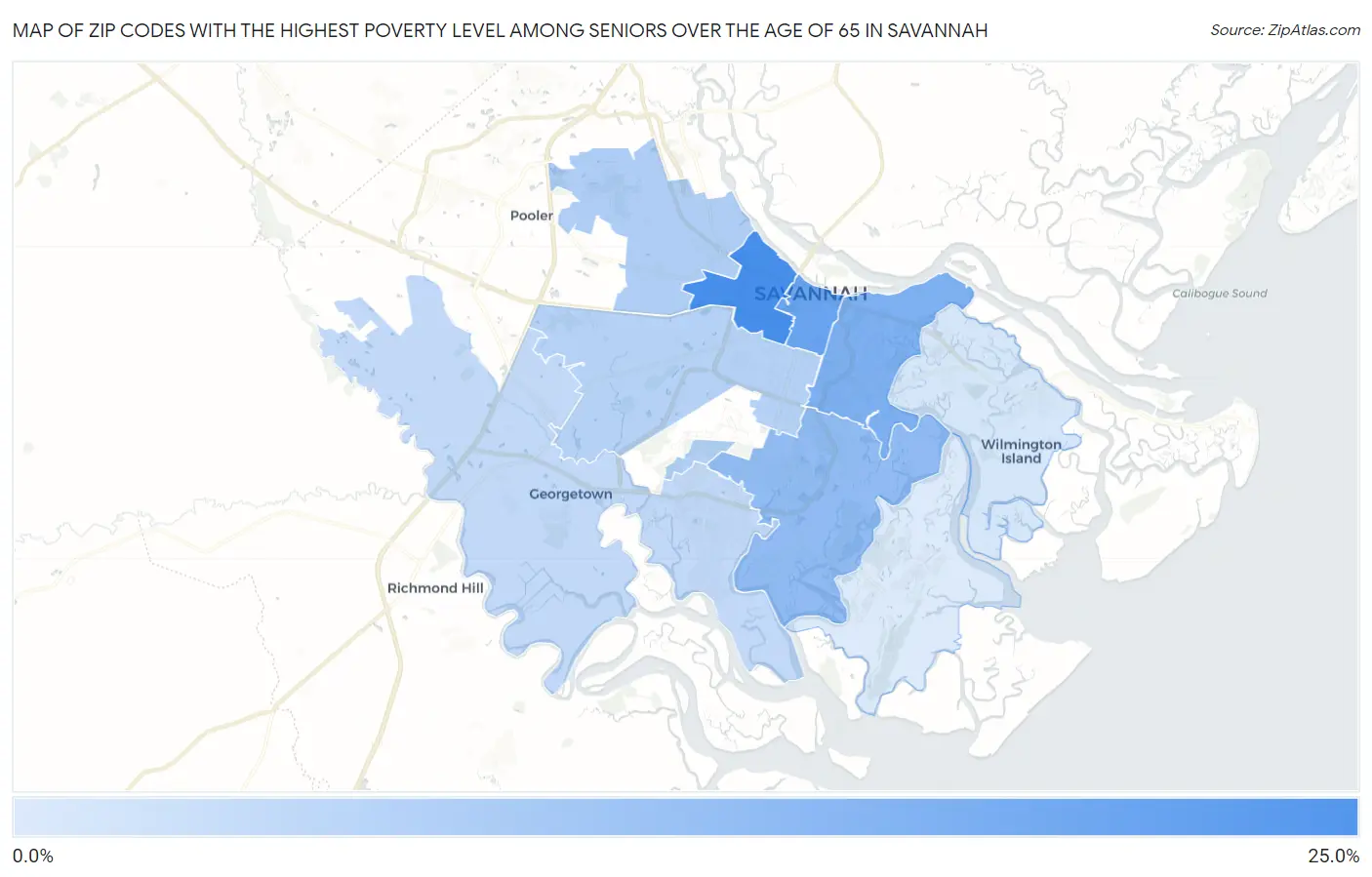 Zip Codes with the Highest Poverty Level Among Seniors Over the Age of 65 in Savannah Map