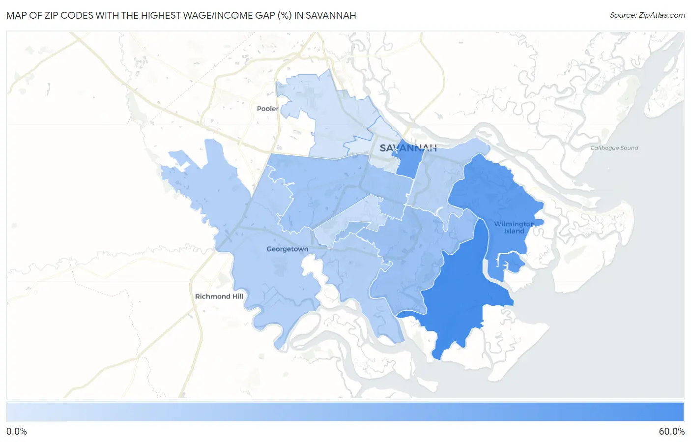 Zip Codes with the Highest Wage/Income Gap (%) in Savannah Map