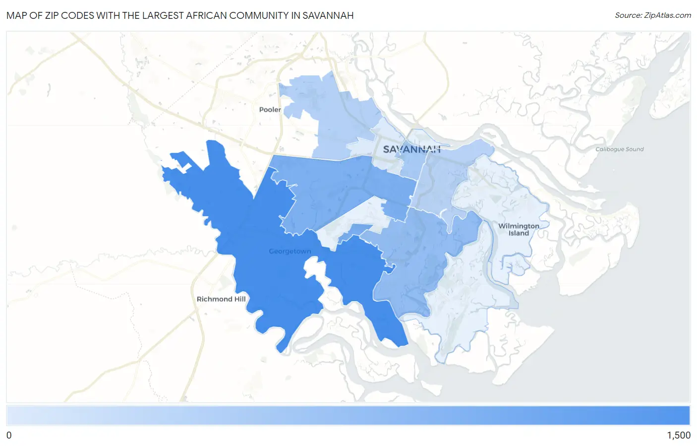 Zip Codes with the Largest African Community in Savannah Map