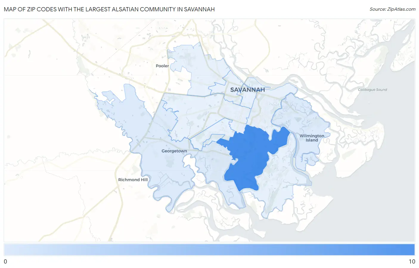 Zip Codes with the Largest Alsatian Community in Savannah Map