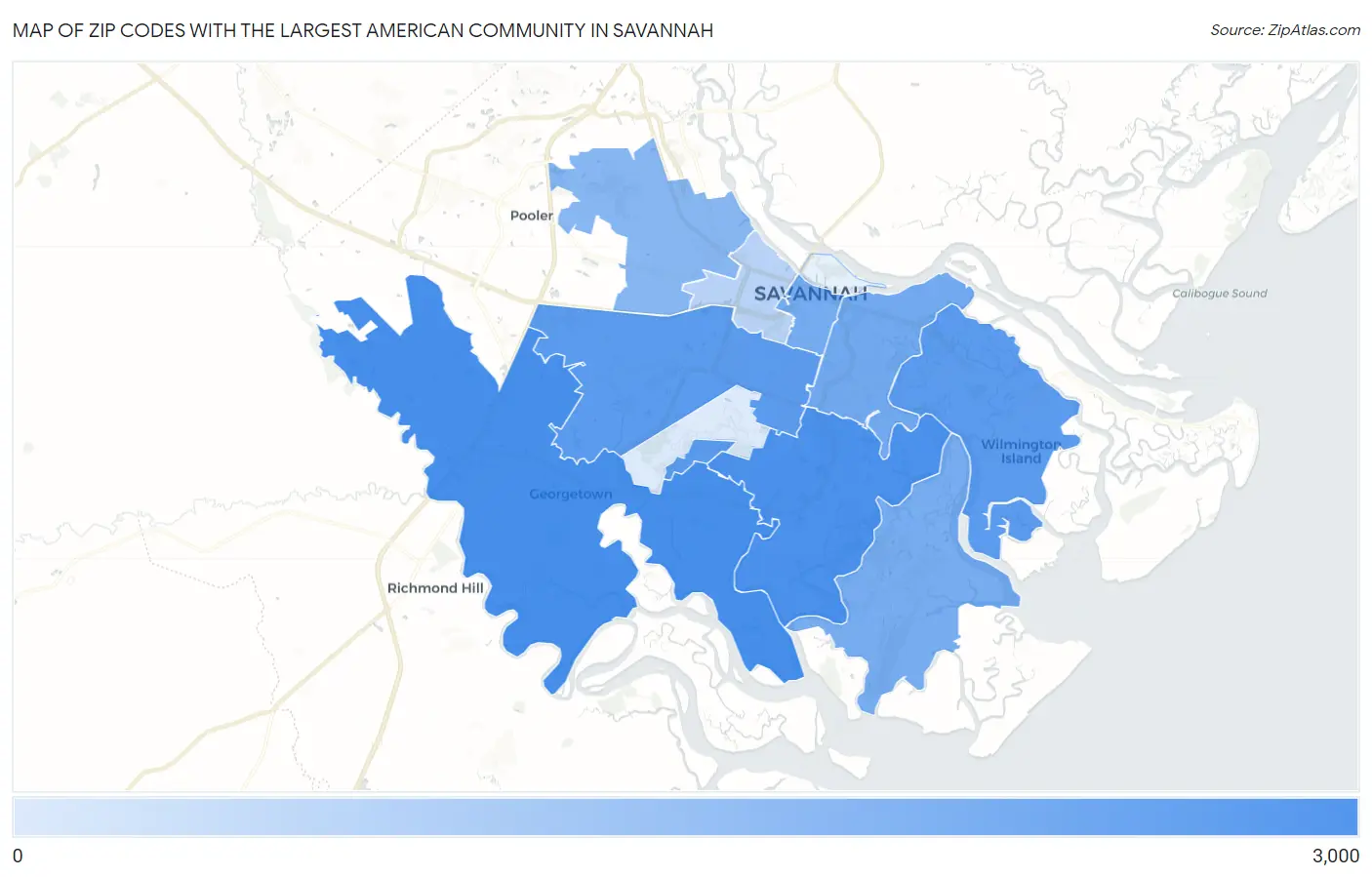 Zip Codes with the Largest American Community in Savannah Map