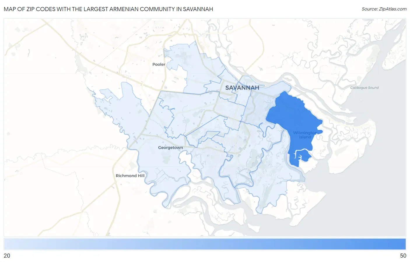 Zip Codes with the Largest Armenian Community in Savannah Map