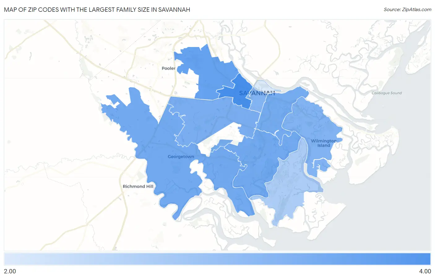 Zip Codes with the Largest Family Size in Savannah Map