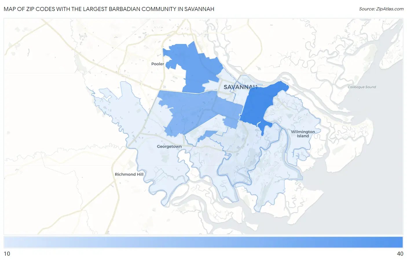 Zip Codes with the Largest Barbadian Community in Savannah Map