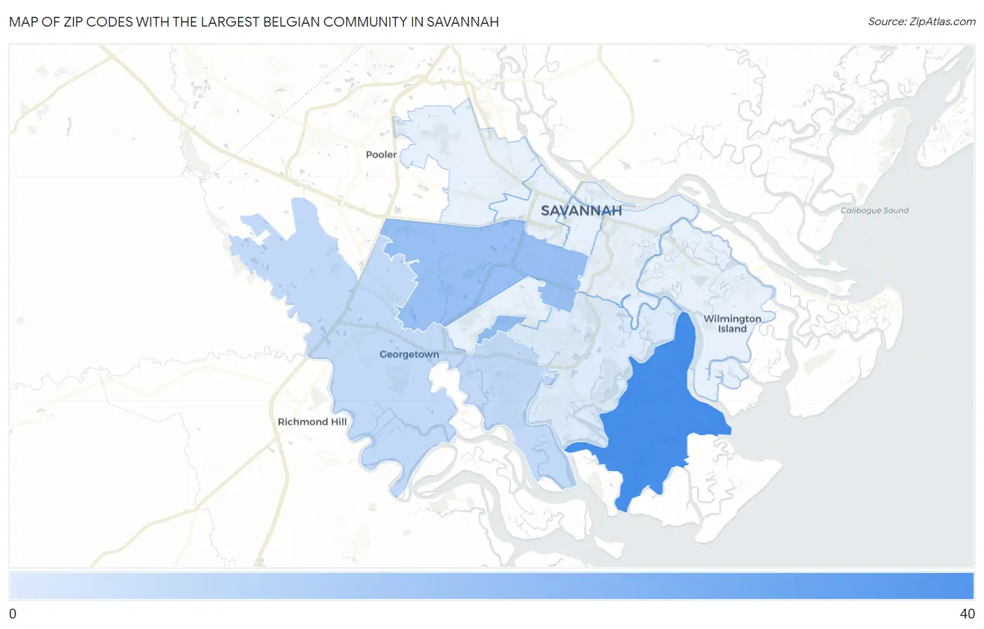 Zip Codes with the Largest Belgian Community in Savannah Map