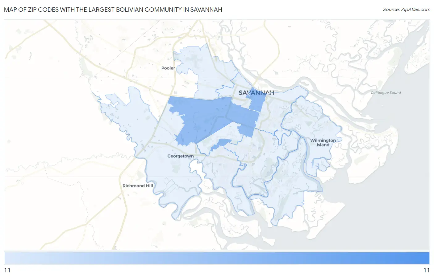 Zip Codes with the Largest Bolivian Community in Savannah Map