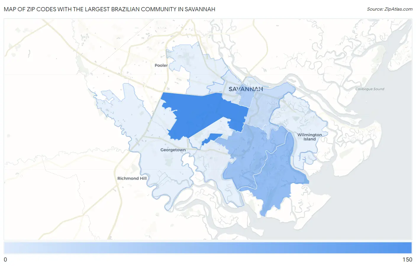 Zip Codes with the Largest Brazilian Community in Savannah Map