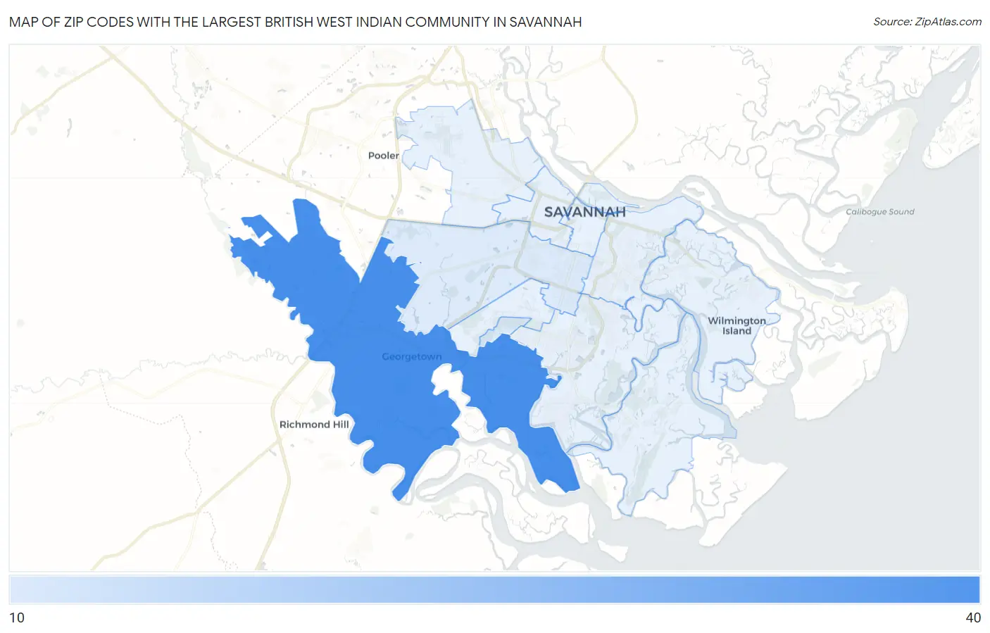 Zip Codes with the Largest British West Indian Community in Savannah Map