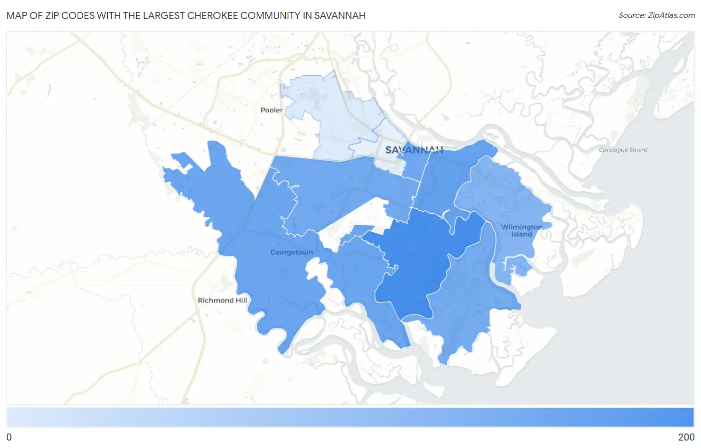 Zip Codes with the Largest Cherokee Community in Savannah Map