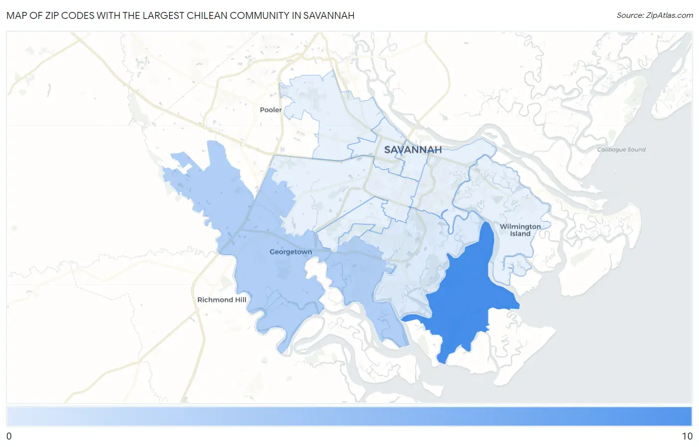 Zip Codes with the Largest Chilean Community in Savannah Map