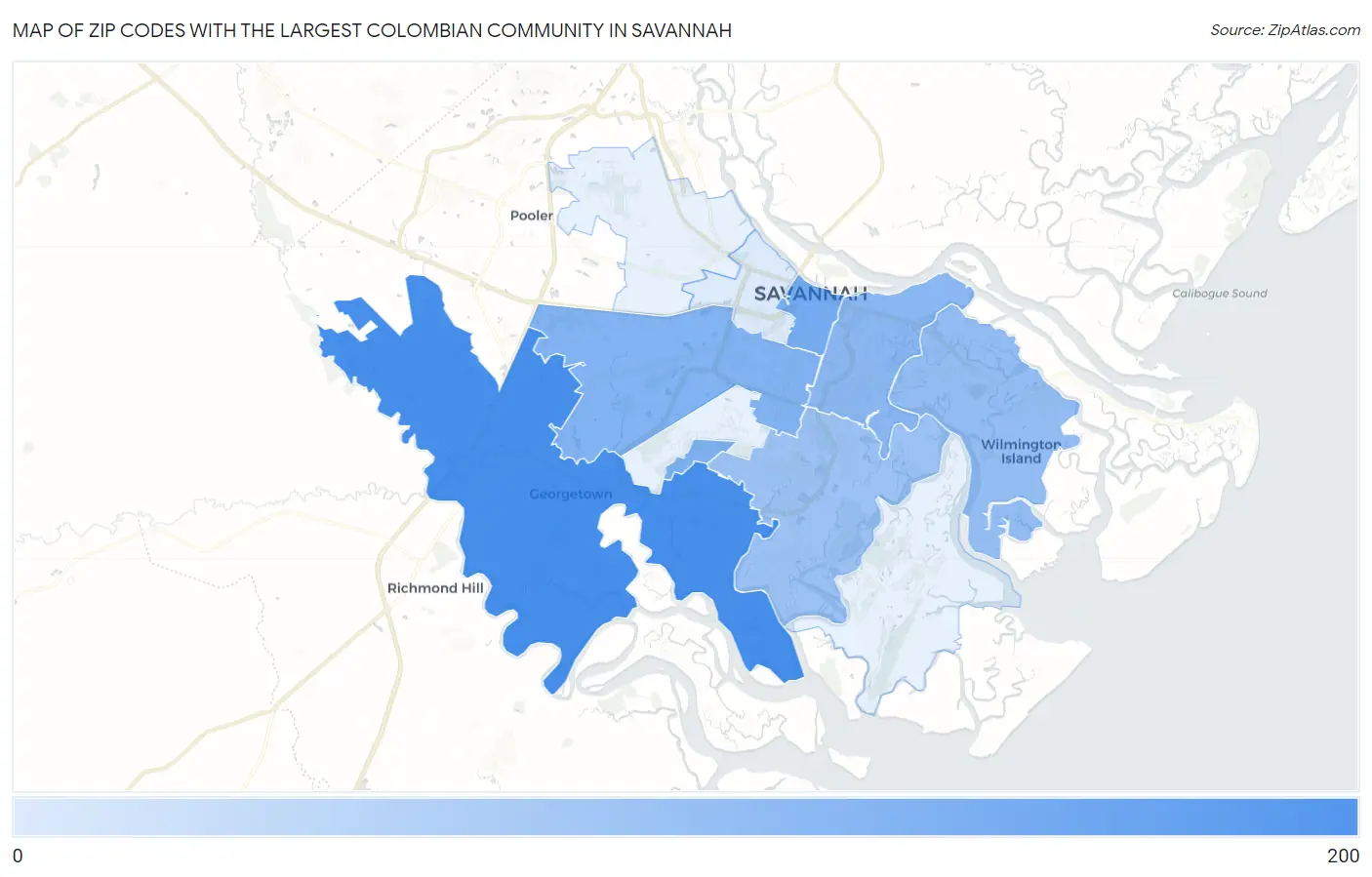 Zip Codes with the Largest Colombian Community in Savannah Map