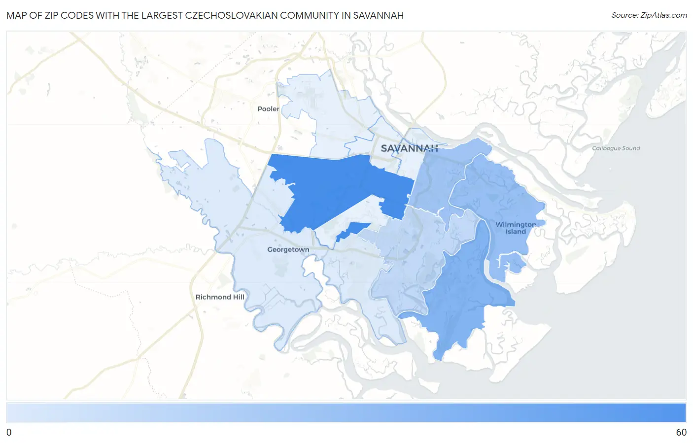 Zip Codes with the Largest Czechoslovakian Community in Savannah Map