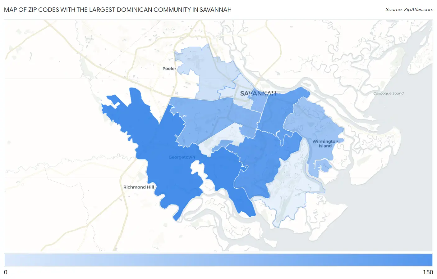 Zip Codes with the Largest Dominican Community in Savannah Map