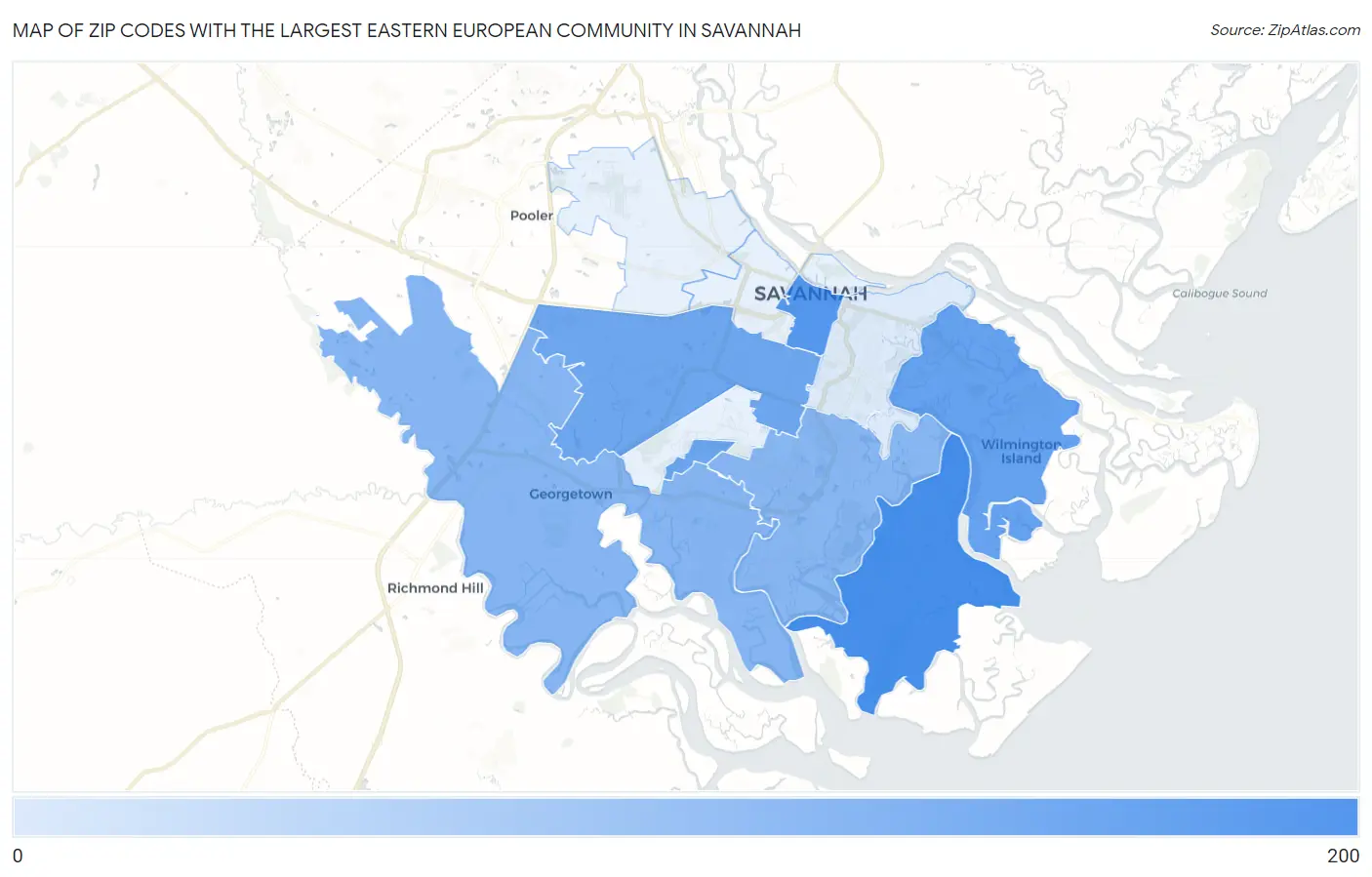 Zip Codes with the Largest Eastern European Community in Savannah Map