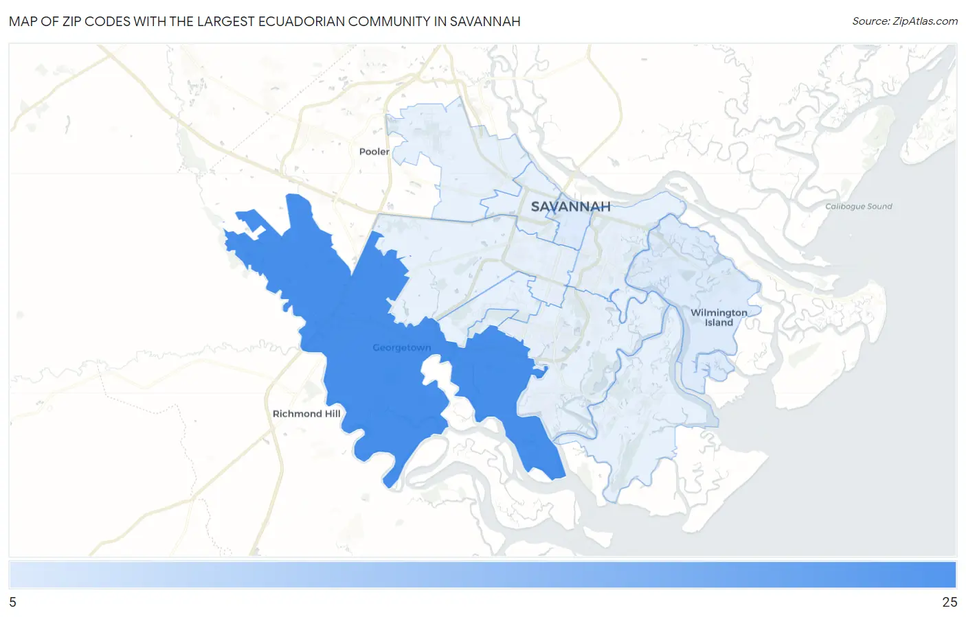 Zip Codes with the Largest Ecuadorian Community in Savannah Map