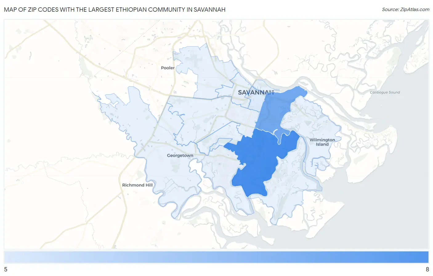 Zip Codes with the Largest Ethiopian Community in Savannah Map