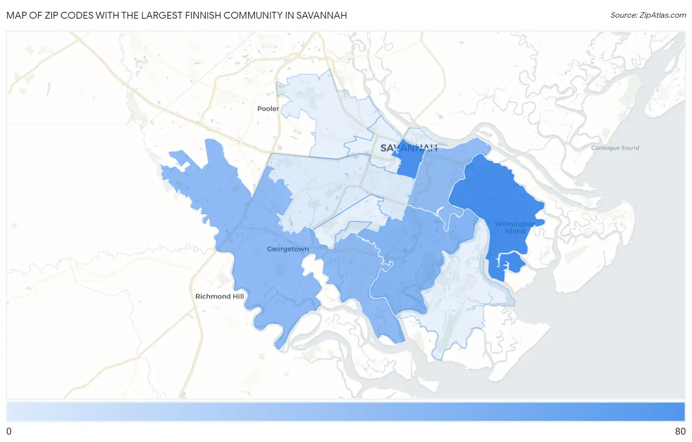 Zip Codes with the Largest Finnish Community in Savannah Map