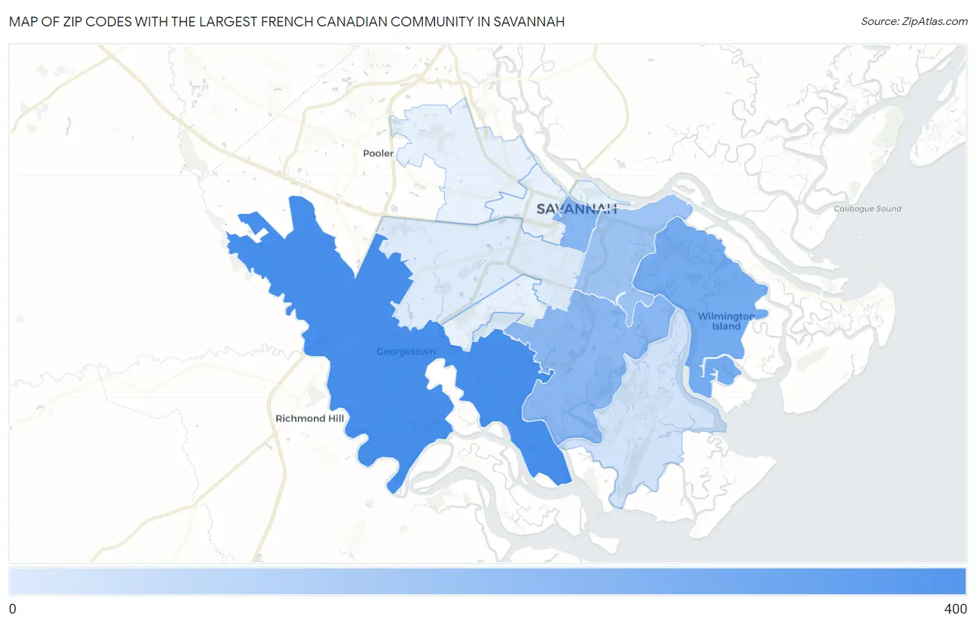 Zip Codes with the Largest French Canadian Community in Savannah Map