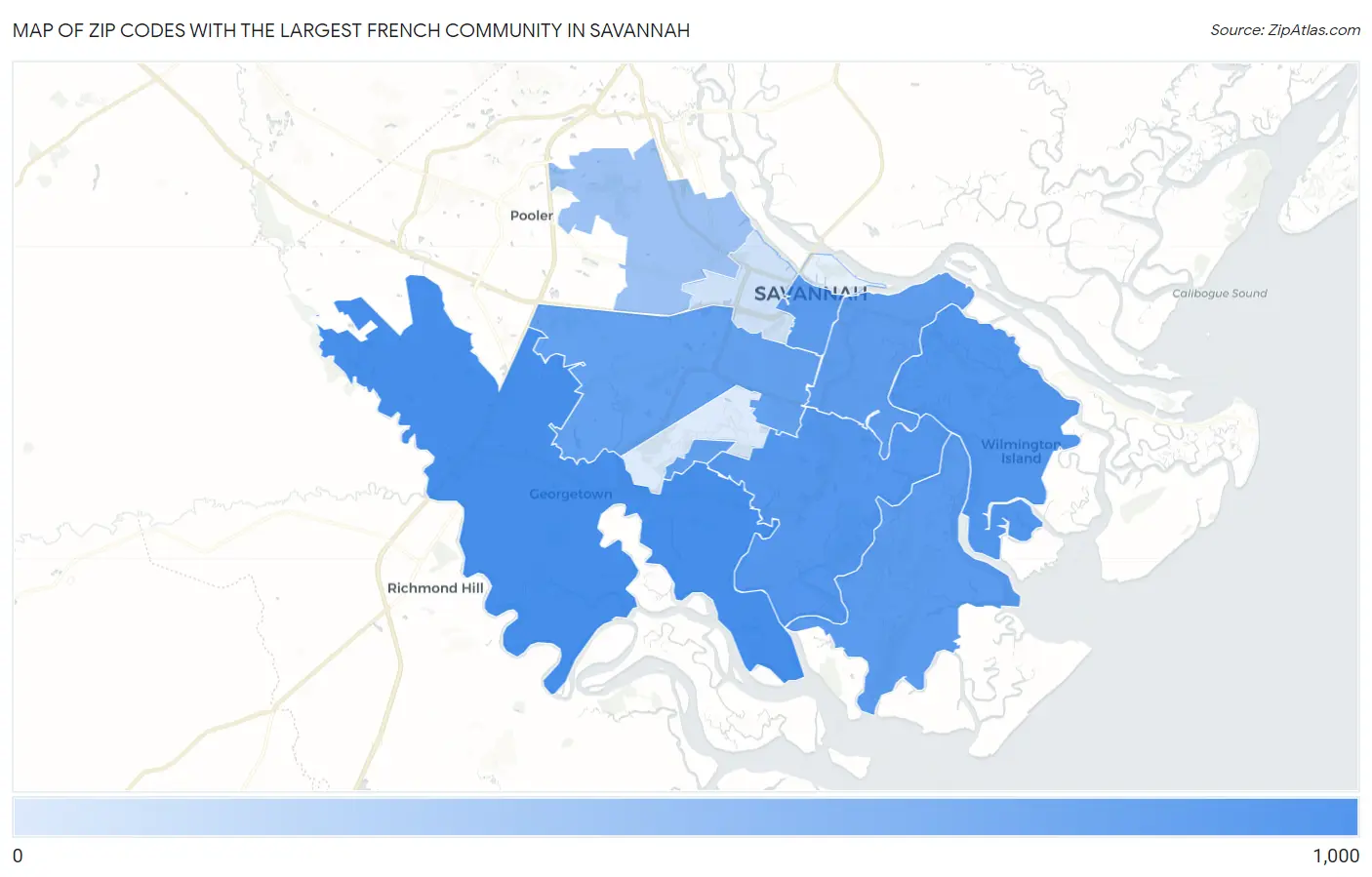 Zip Codes with the Largest French Community in Savannah Map