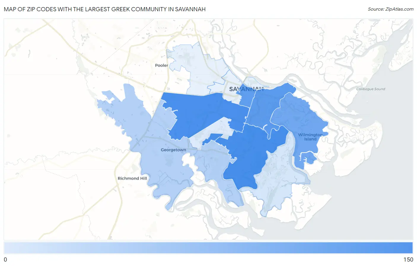Zip Codes with the Largest Greek Community in Savannah Map