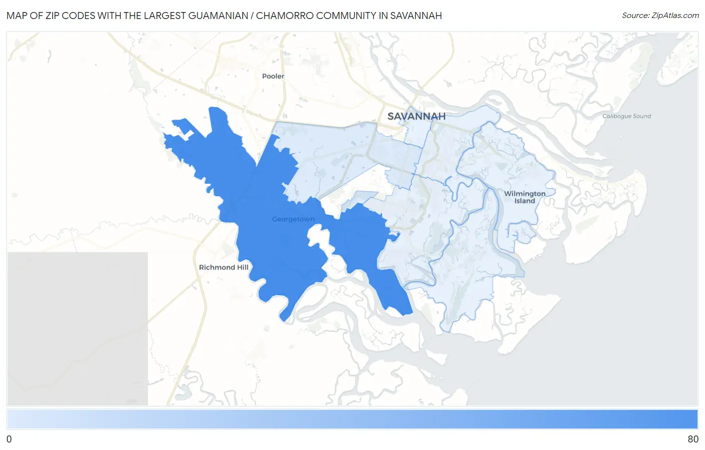Zip Codes with the Largest Guamanian / Chamorro Community in Savannah Map