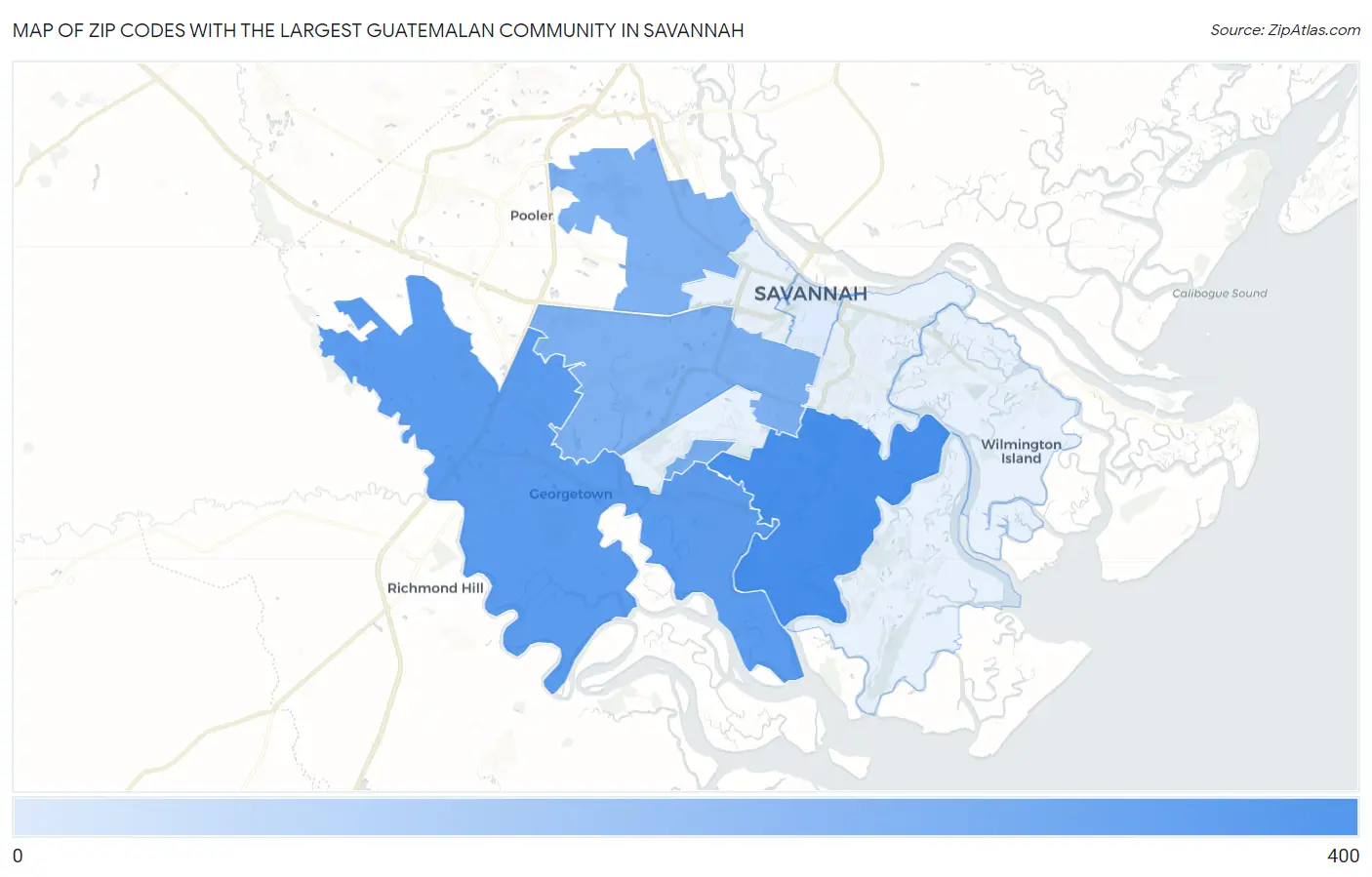 Zip Codes with the Largest Guatemalan Community in Savannah Map