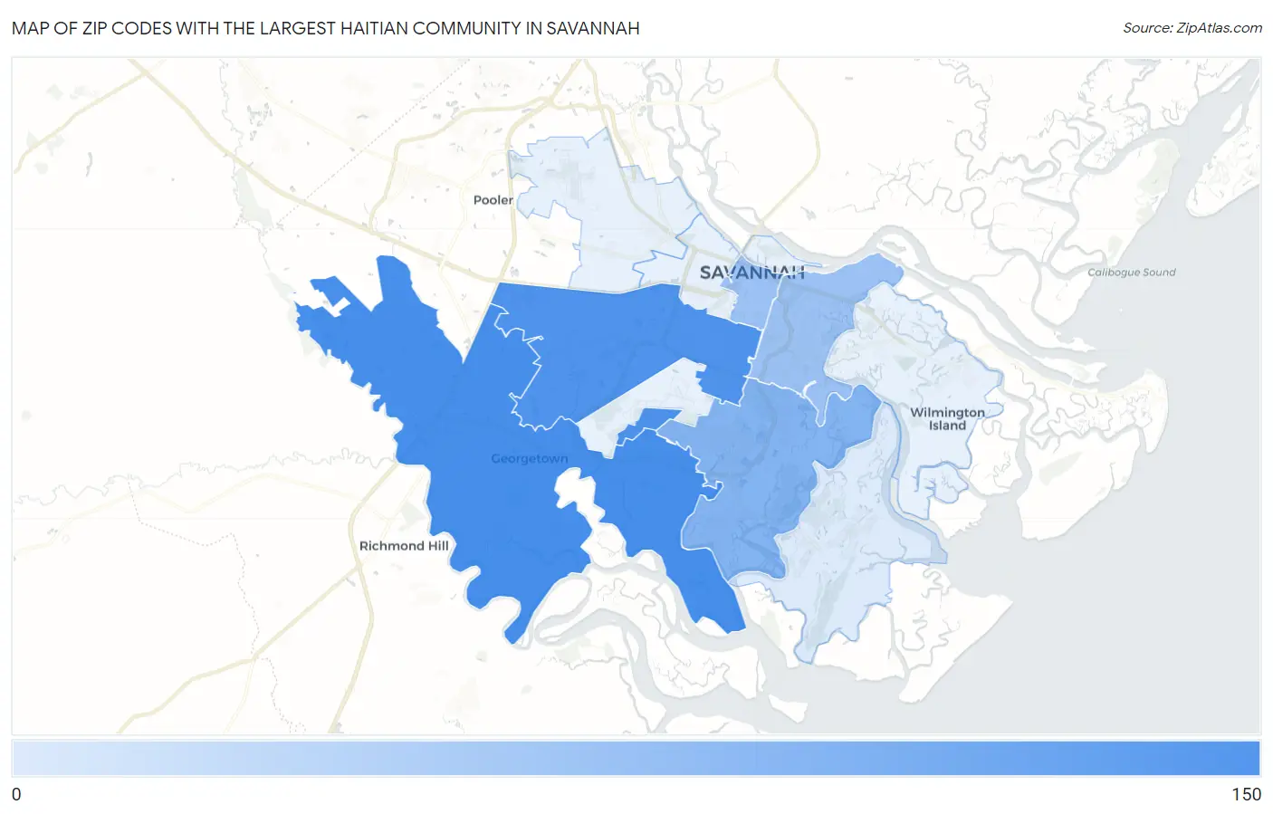 Zip Codes with the Largest Haitian Community in Savannah Map