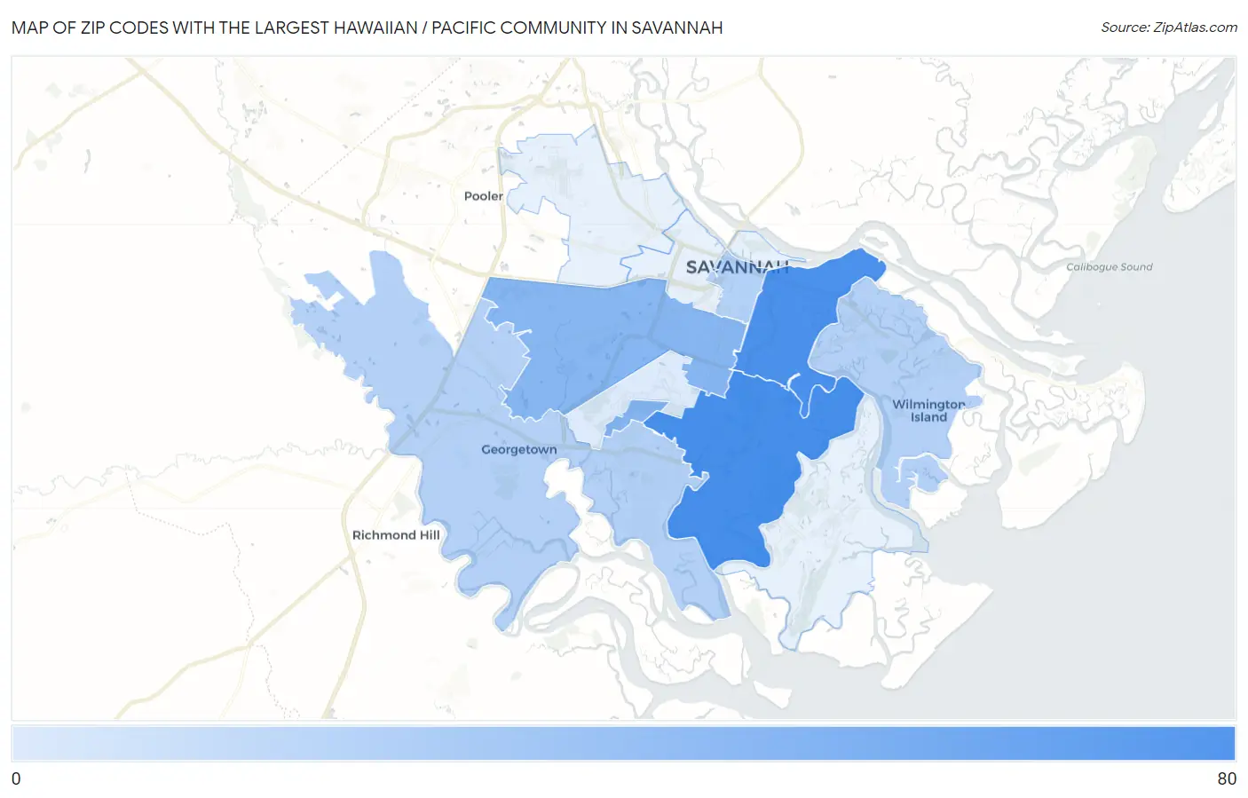 Zip Codes with the Largest Hawaiian / Pacific Community in Savannah Map